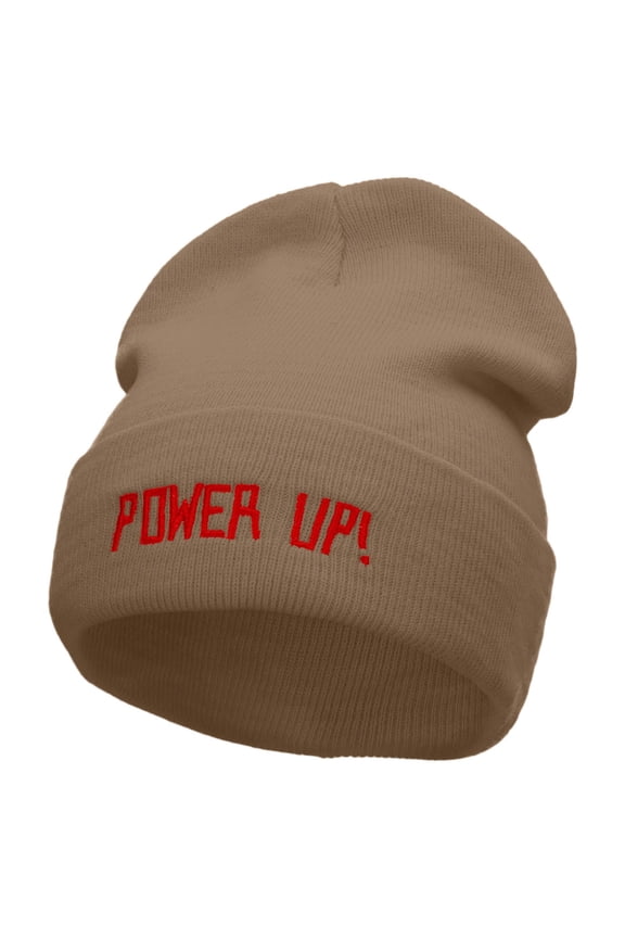 Power Up Embroidered 12 inch Acrylic Cuffed Long Beanie - Khaki OSFM