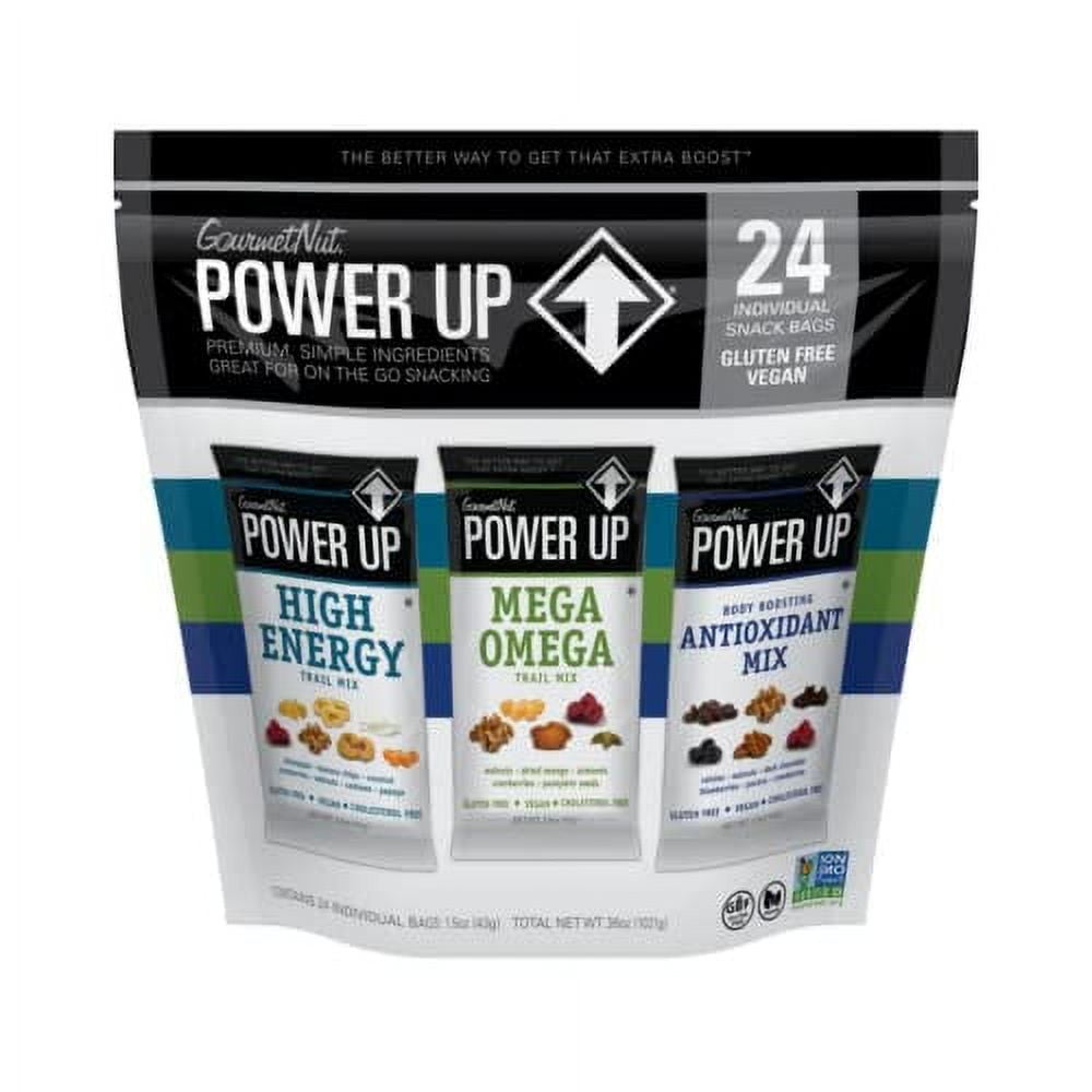 Power Up Premium Trail Mix Variety Pack 24pk 1.5oz Antioxidant, Mega Omega, High Energy