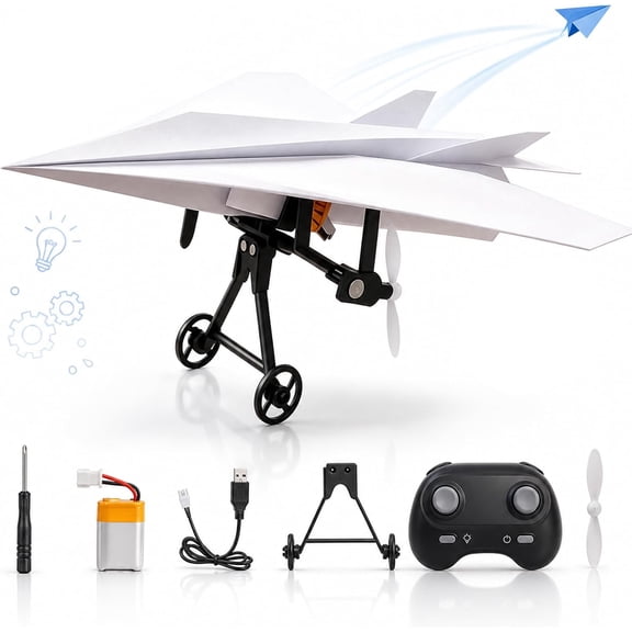 Power-Up RC Paper Airplane Kit with Gyro Stabilizer – DIY Electric Remote Control Plane with Dual Propellers, Lightweight Foldable Flying STEM Toy, A Good Gifts (1 Landing Gear+1 Battery)