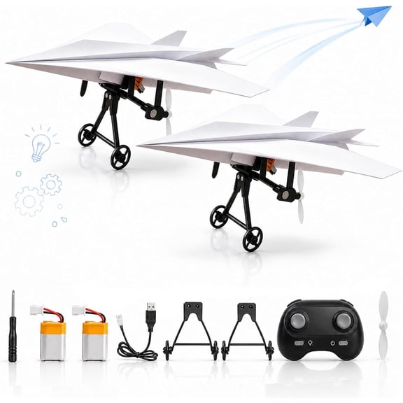 Power-Up RC Paper Airplane Kit with Gyro Stabilizer – DIY Electric Remote Control Plane with Dual Propellers, Lightweight Foldable Flying STEM Toy, A Good Gifts (2 Landing Gear+2 Battery)