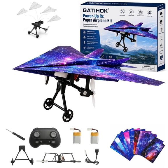 Power-Up Rc Paper Airplane Kit DIY with Gyro Stabilizer Electric Motorized Power Module Easy to Fly Remote Control Plane with Dual Propellers Lightweight Foldable for Beginner Flyers