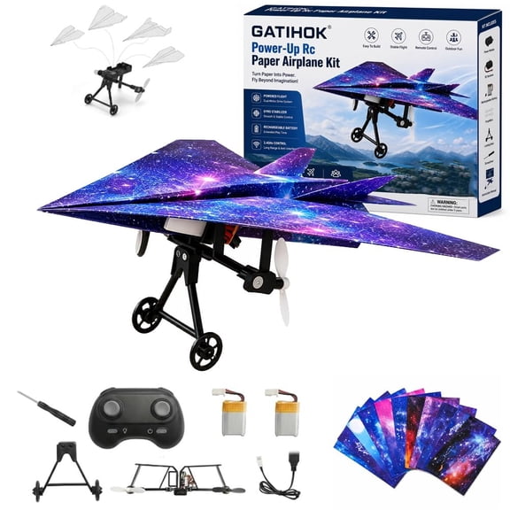 Power-Up Rc Paper Airplane Kit DIY with Gyro Stabilizer Electric Motorized Power Module Easy to Fly Remote Control Plane with Dual Propellers Lightweight Foldable for Beginner Flyers