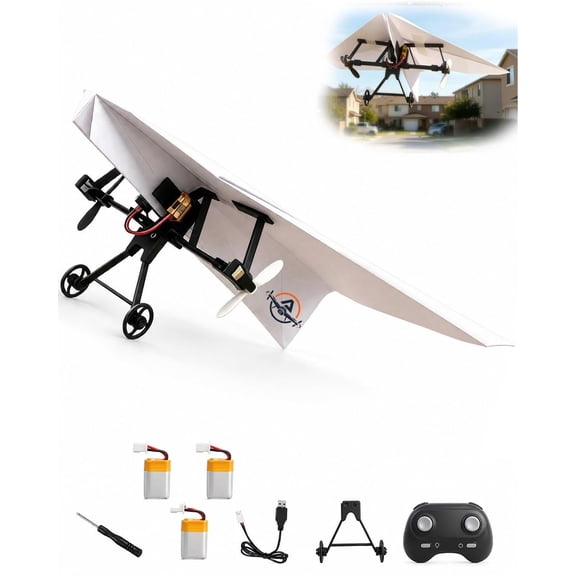 Power-Up Rc Paper Airplane Kit with Gyro Stabilizer – DIY Electric Remote Control Plane with Dual Propellers, Lightweight Foldable Flying Stem Toy Micro Fixed Wing Drone(Mirrorless Camera)