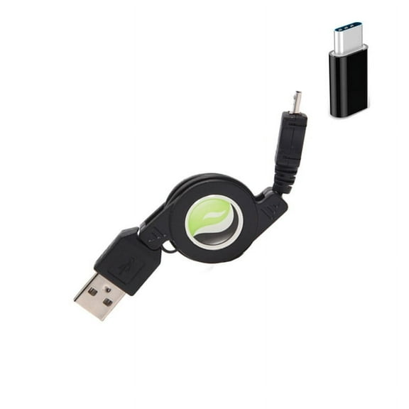 Power Wire Retractable Cable with USB-C Adapter for LG Premier Pro Plus (L455DL) - Fast Charger Cord Sync Black