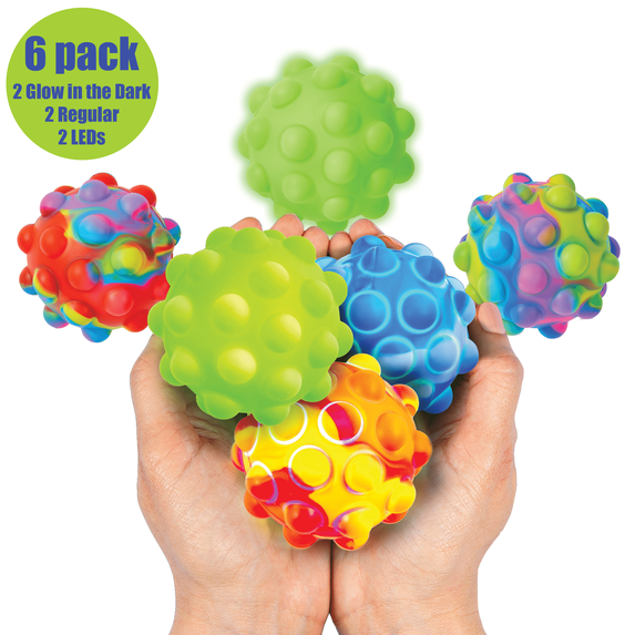 Power Your Fun 6pk Pop Ball Travel Fidget Toys - Sensory Toys (2 LED, 2 Glow in the Dark, 2 Regular)