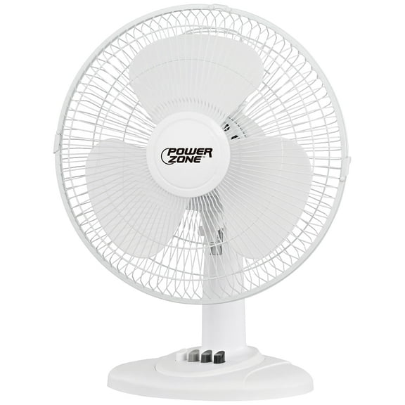 Power Zone FT-40 3-Speed Oscillating Table Fan, White, 16"