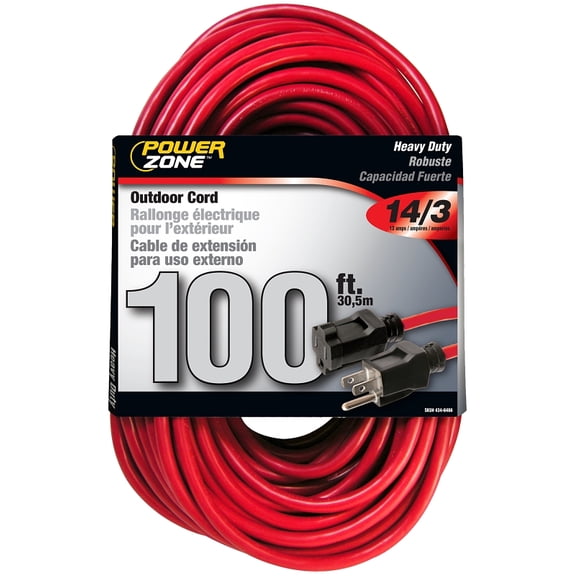 PowerZone OR514735/506735 Extension Cord, 14 AWG Cable, 100 ft L, 125 V, Red