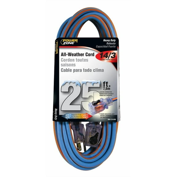 PowerZone ORC530725 Extension Cord, 14 AWG Cable, 5-15P Grounded Plug, 5-15R Grounded Receptacle, 25 ft L, 125 V