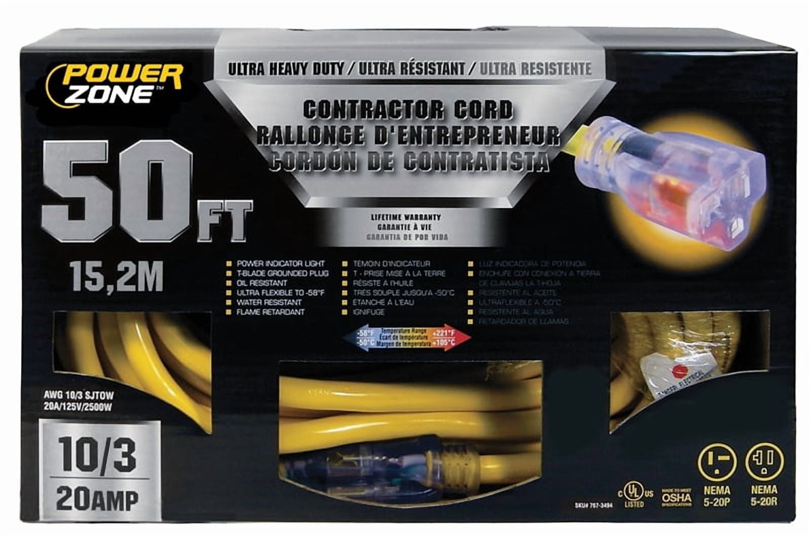 Power Zone ORP711930 Contractor Cord, 10 AWG Cable, 50 ft L, 20 A, 125 V, Yellow