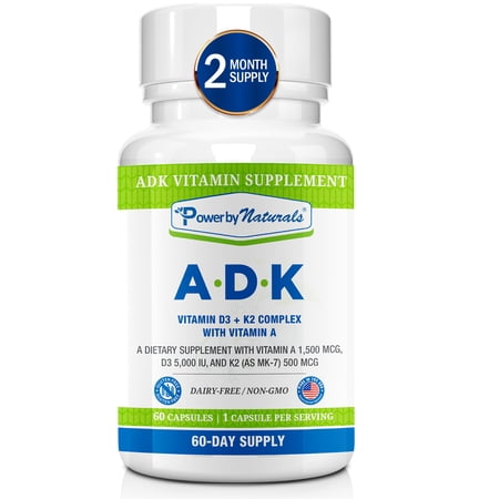 Power By Naturals ADK Vitamin Supplement, Vitamin A D3 K2, Vegetarian, Unflavored, 5000 IU, 60 Count