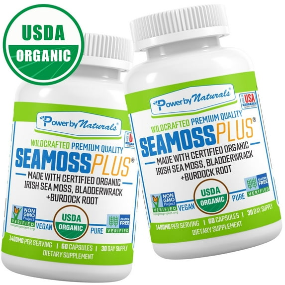 Power by Naturals Sea Moss Plus: USDA Organic Irish Seamoss, Bladderwrack, Burdock Root Supplement Gut, Energy, Immunity Health - 2 Botttles