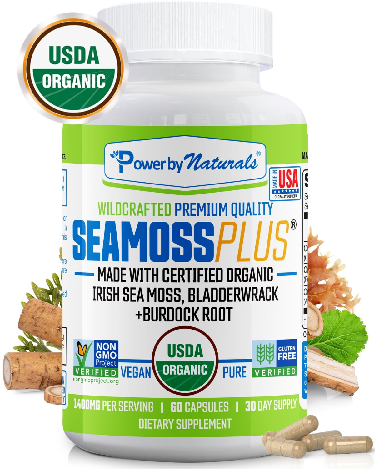 Power by Naturals USDA Organic Sea Moss Plus Bladderwrack and Burdock Root Supplement - Gut, Energy, Immune Suport, 60 Seamoss Capsules
