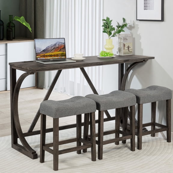 Power-equipped Bar Table In Dark Gray. 4 Dining For Multiple Rooms. Stable Wooden & Rubber Wood Construction. Cozy Stools. Space Saving. Table: 59"l X 19"w 36"h, Stool: 18"w 11"d 24"h. 250 Lbs