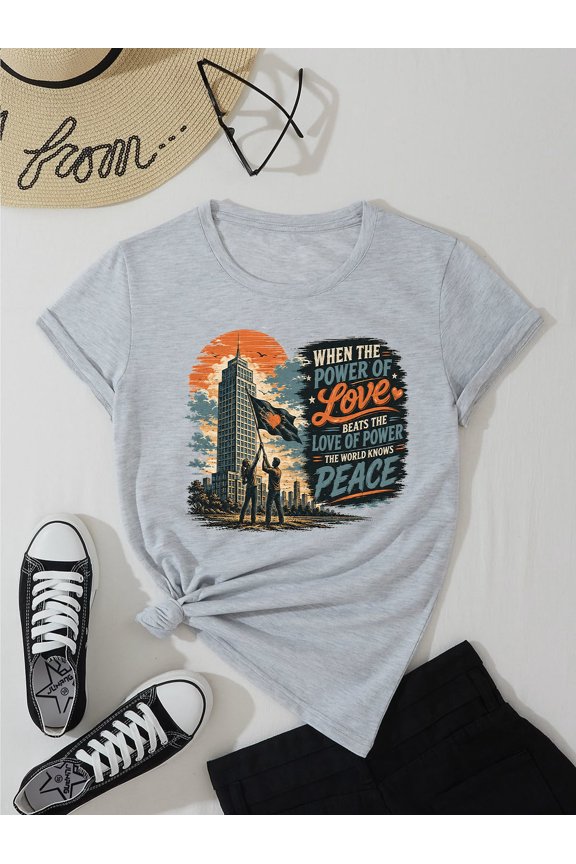 Power of Love Peace Quote Shirt, Inspirational Sunset Skyline Graphic Tee, Vintage Motivational T-Shirt for Men Women