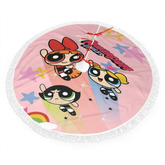 Powerpuff Gir Christmas Tree Skirt White Tassel Lace Xmas Skirts Decoration