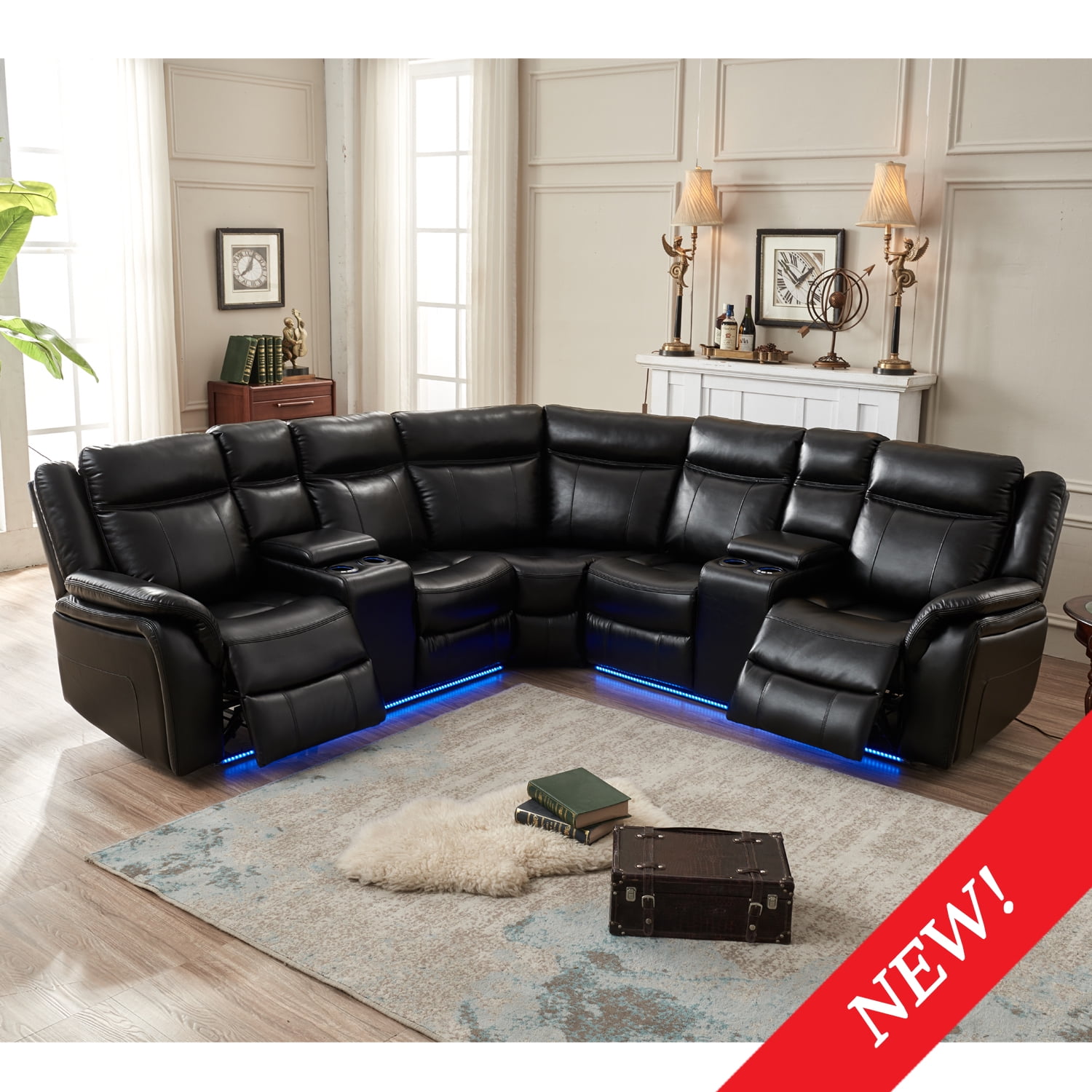 Power reclining Sectional W/LED strip Black Color - Walmart.com