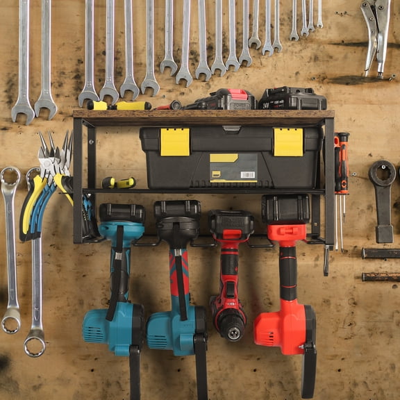 Power tool storage box, heavy metal garage tool rack, wall-mounted 4 drill bit storage rack