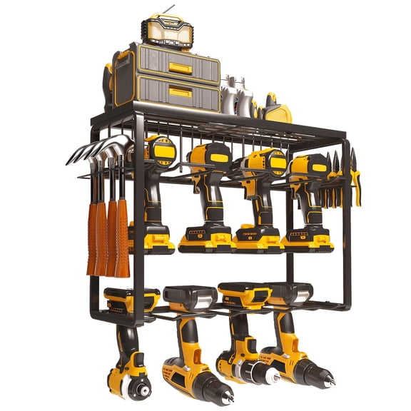 Power tool storage rack with charging station, wall-mounted drill bit rack for garage organization, tool and storage rack, heavy-duty metal tool rack with running water basin base, storage rack