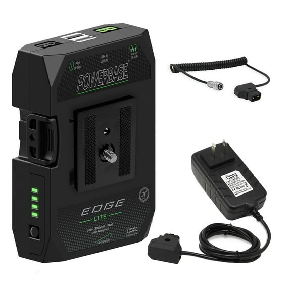 Core SWX PowerBase Edge Lite 49Wh 14.8V Small Form Cine Base Battery Pack and 1.5A Single-Position D-Tap Charger With Coiled D-Tap to 2-Pin Cable for Blackmagic Pocket 4K & 6K Camera, 18" Extends to