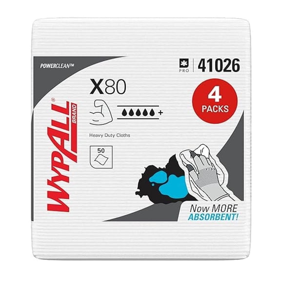 PowerClean X80 Cloths Heavy Duty Wipes (41026), Quarterfold, Extended Use Towels, White (4 Packs of 50 Sheets, 200 Sheet Total)