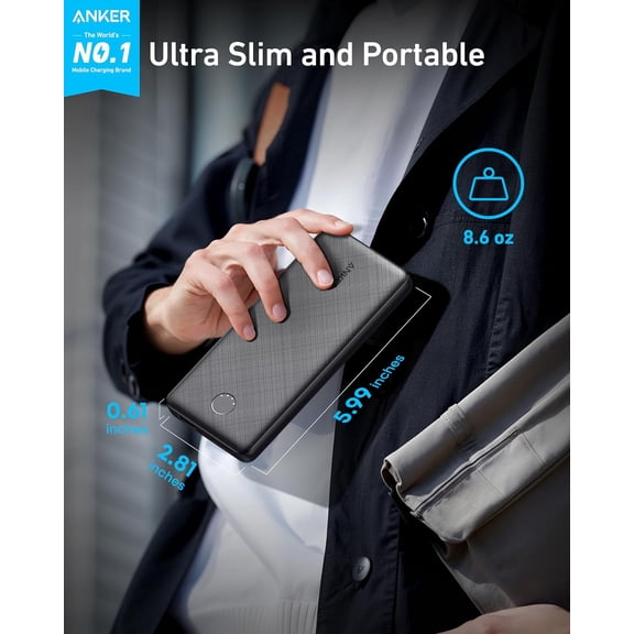 PowerCore Slim 10000mAh Portable Charger, Compact Travel-Ready Battery Pack with USB-C Input/Output for and Android