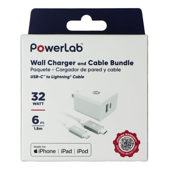 PowerLab USB-C to Lightning (8-Pin) Cable + USB-C/USB-A Wall Charger - White