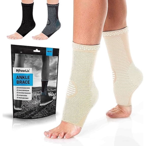 PowerLix Ankle Brace Compression Socks for Men and Women, Ankle Support for Injury, Beige, L, 1 Pair