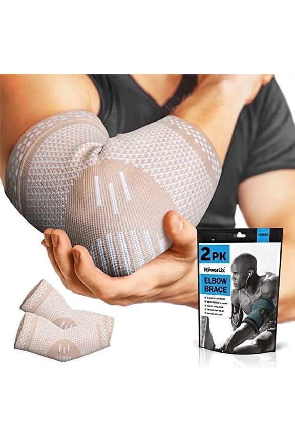 Elbow Brace Compression Sleeve for Elbow Support, Tendonitis, Tennis/Golfers Elbow Treatment, Reduces Elbow Pain - Soft and Sweat Proof Design, Beige, Medium, (Pair)