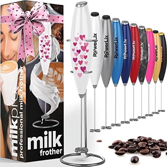 Powerlix Electric Milk Frother Handheld with Stainless Steel Stand, Battery Operated Whisk Foam Maker for Coffee, Latte & Matcha, Hearts, 1 Pack