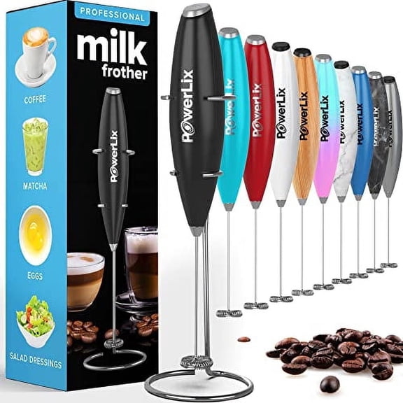 PowerLix Handheld Electric Milk Frother with Stainless Steel Stand, Battery-Operated Electric Whisk Foam Maker for Coffee, Latte, Cappuccino, Hot Chocolate and Frothy Delights, Black