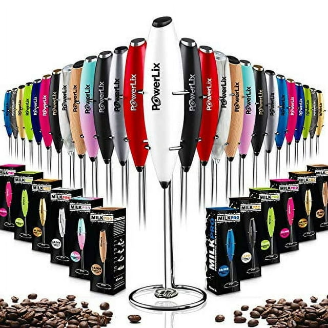PowerLix Handheld Electric Milk Frother with Stainless Steel Stand, Battery-Operated Electric Whisk Foam Maker for Coffee, Latte, Cappuccino, Hot Chocolate and Frothy Delights, Snow White
