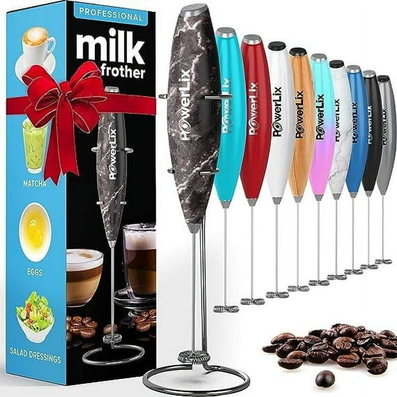 PowerLix Handheld Electric Milk Frother with Stainless Steel Stand, Battery-Operated Electric Whisk Foam Maker for Coffee, Latte, Cappuccino, Hot Chocolate and Frothy Delights, Black Marble