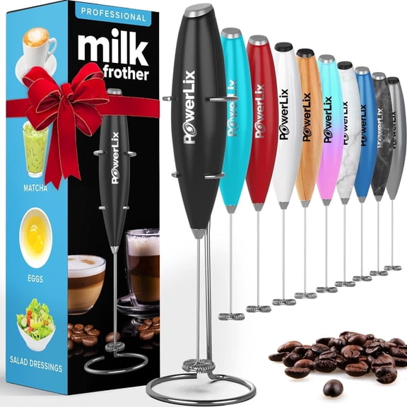 PowerLix Handheld Electric Milk Frother with Stainless Steel Stand, Battery-Operated Electric Whisk Foam Maker for Coffee, Latte, Cappuccino, Hot Chocolate and Frothy Delights, Black