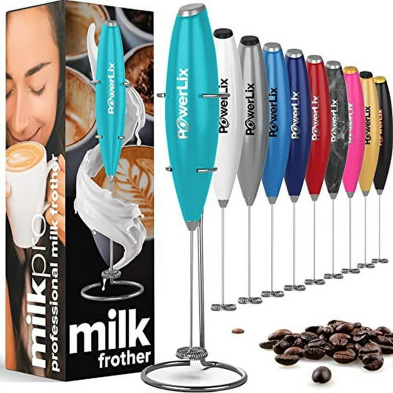 Powerlix Handheld Electric Milk Frother with Stainless Steel Stand, Battery Operated Electric Whisk Foam Maker for Coffee, Latte, Cappuccino, Hot