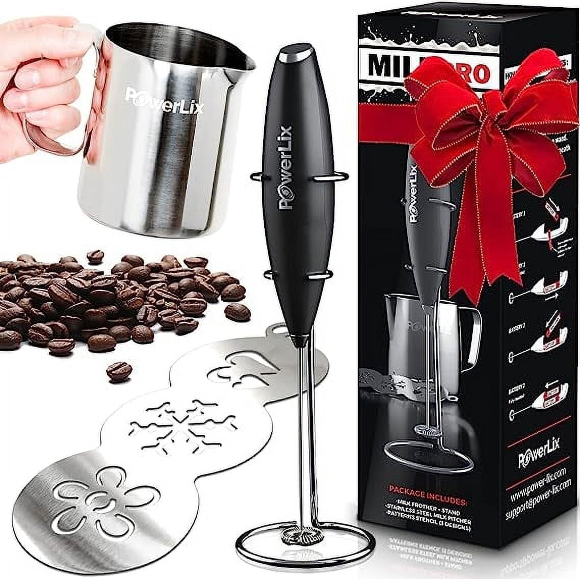Powerlix PowerLix Handheld Milk Frother Set, Battery-Powered, Stainless Stand ...