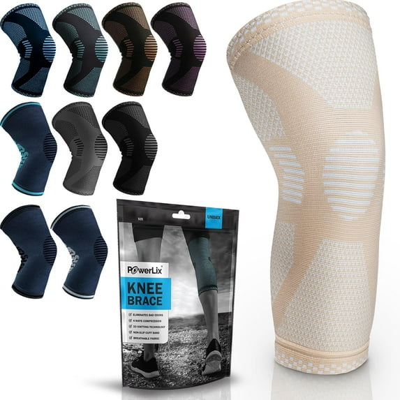 Powerlix Knee Compression Sleeve, 3D Knit Fabric with Anti-Slip Grip for Sports & Fitness, Beige, S