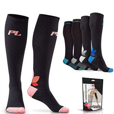 PowerLix Knee High Medical Compression Socks for Women and Men, Swelling Pain Relief 20-30 mmHg, Athletics, Ankle, Arch and Heel Support, Black & Pink, Large-XLarge, Pair for Father's Day Gifts