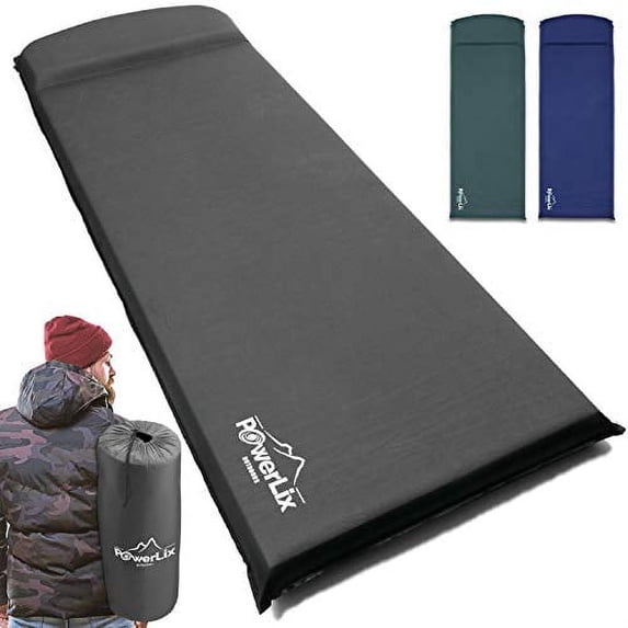 PowerLix Self-Inflating Portable Foam Sleeping Pad with 3 Inches Insulated Ultrathick Camping Mattress and Built-In Pillow, Inflatable Mattress, Fits in a Carry Bag, Gray, 28'' x 77''