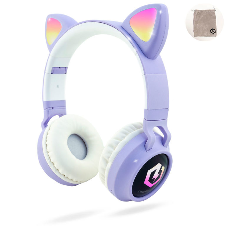PowerLocus Buddy Bluetooth Headphones for Kids, Cat Ear Headphones Wireless, 85 DB Safe Volume, LED lights, Foldable with Built-in Microphone, Wireless and Wired (Purple) - image 1 of 8