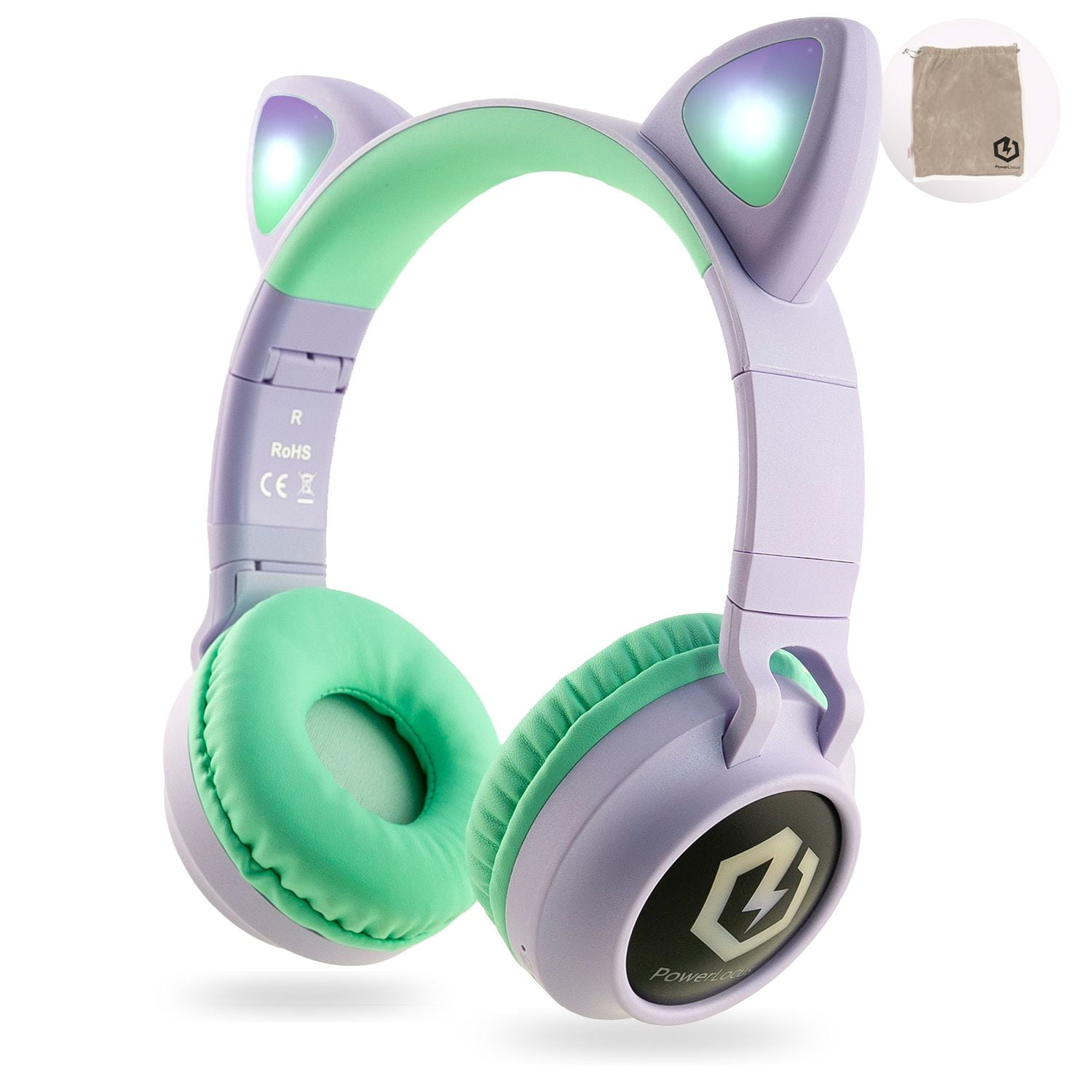 PowerLocus Buddy Bluetooth Headphones for Kids Cat Ear Headphones Wireless 85 DB Safe Volume LED lights Foldable with Built in Microphone Wireless and Wired Teal Purple Walmart