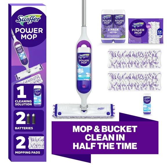 Swiffer Power Mop Floor Cleaner Bundle Includes 1 Spray Mop Device, 2 Lavender Scent Mopping Solutions 25.3 Fl Oz, 1 Fresh Scent Mopping Solution 25.3 Fl Oz & 7 Mop Pad Refills