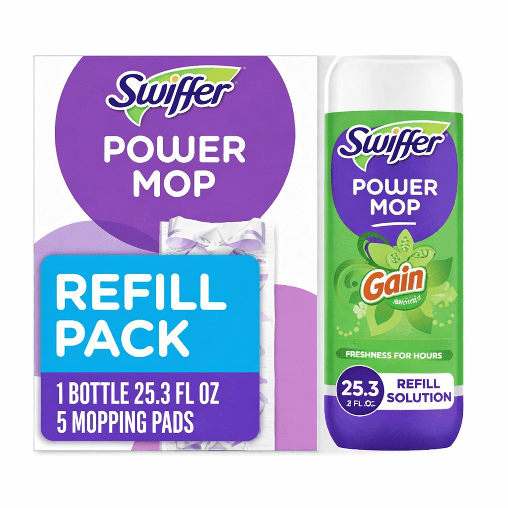 Swiffer Power Mop Refill Pack, Tile, Laminate, Wood, Floor Cleaner, 5 Pads + 1 Gain Solution