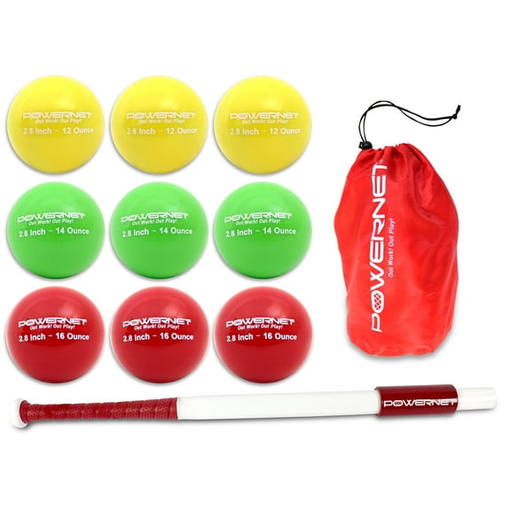PowerNet Sweet Spot Training Bat + 2.8" Progressive Baseball Training Balls for Hitting & Pitching, LITE 9 Pack Weighted Balls & 34" Weighted Bat (31 oz), Improve Hand-Eye Coordination & Power