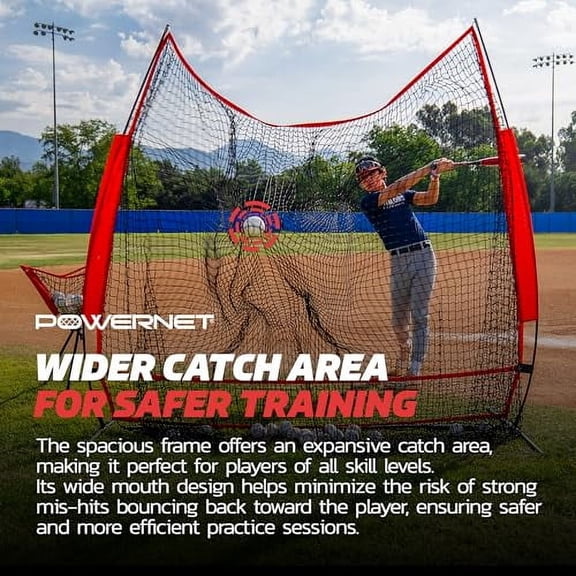 PowerNet 7x7 Full Mouth Baseball Net, Portable Large Mouth Batting Net, Outdoor Softball & Baseball Batting Practice Training Equipment