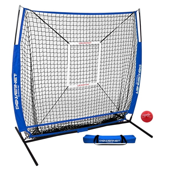 PowerNet Baseball Net Bundle, 5x5 Hitting & Pitching Net, Portable Softball Baseball Training Equipment, Weighted Baseball & Carry Bag