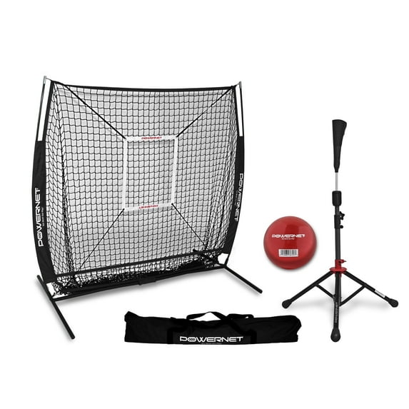 PowerNet Baseball Net Bundle, 5x5 Hitting & Pitching Net with Baseball Tee, Softball Baseball Training Equipment, Weighted Ball & Bag