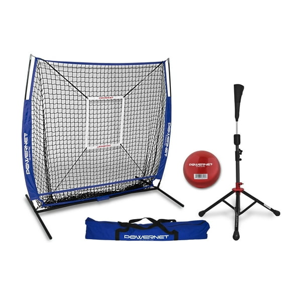 PowerNet Baseball Net Bundle, 5x5 Hitting & Pitching Net with Baseball Tee, Softball Baseball Training Equipment, Weighted Ball & Bag