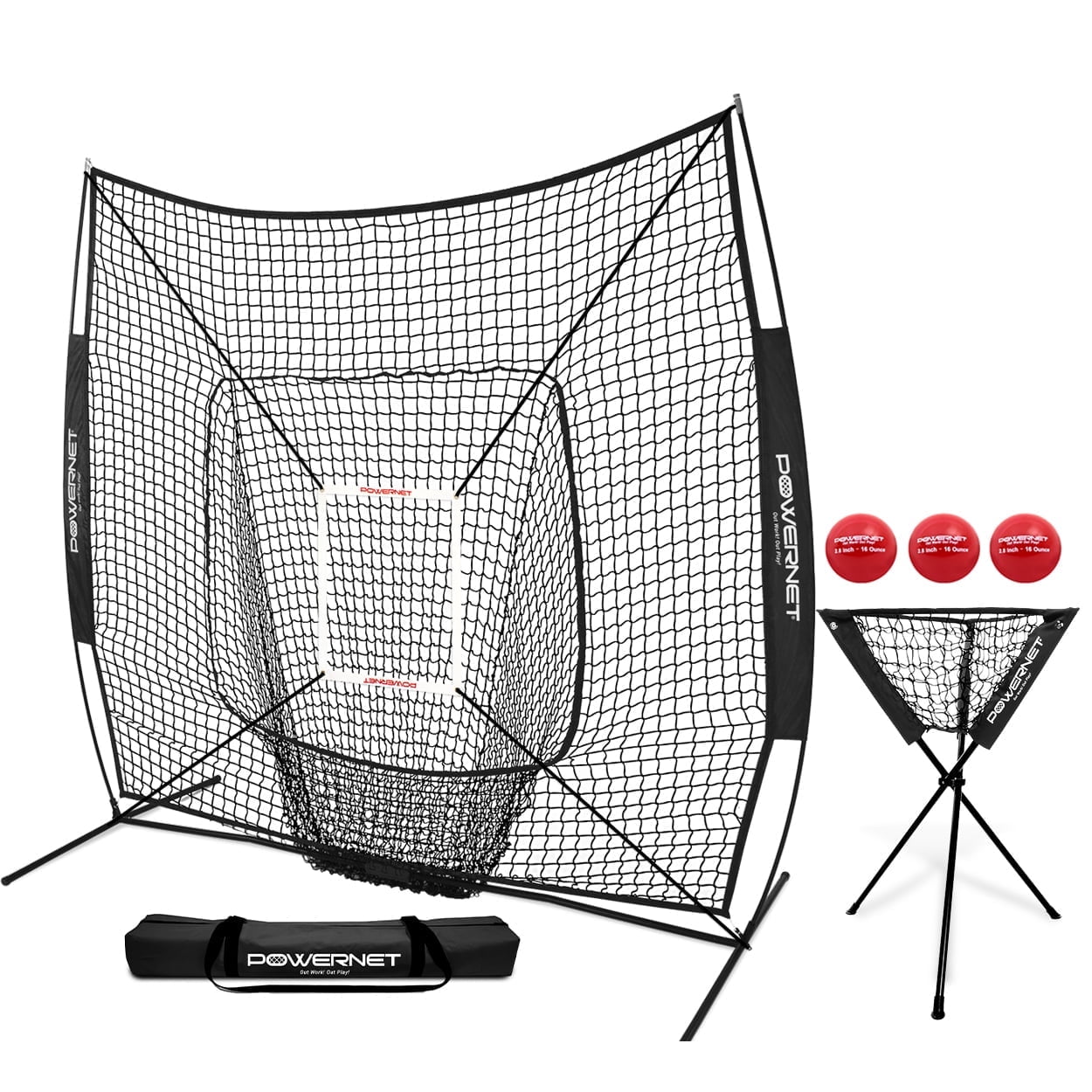 PowerNet Baseball Softball Practice Net 7x7 with Baseball Accessories for Practice Pitching & Batting, Ball Caddy, Weighted Baseballs, Tee (Deluxe Training Kit)