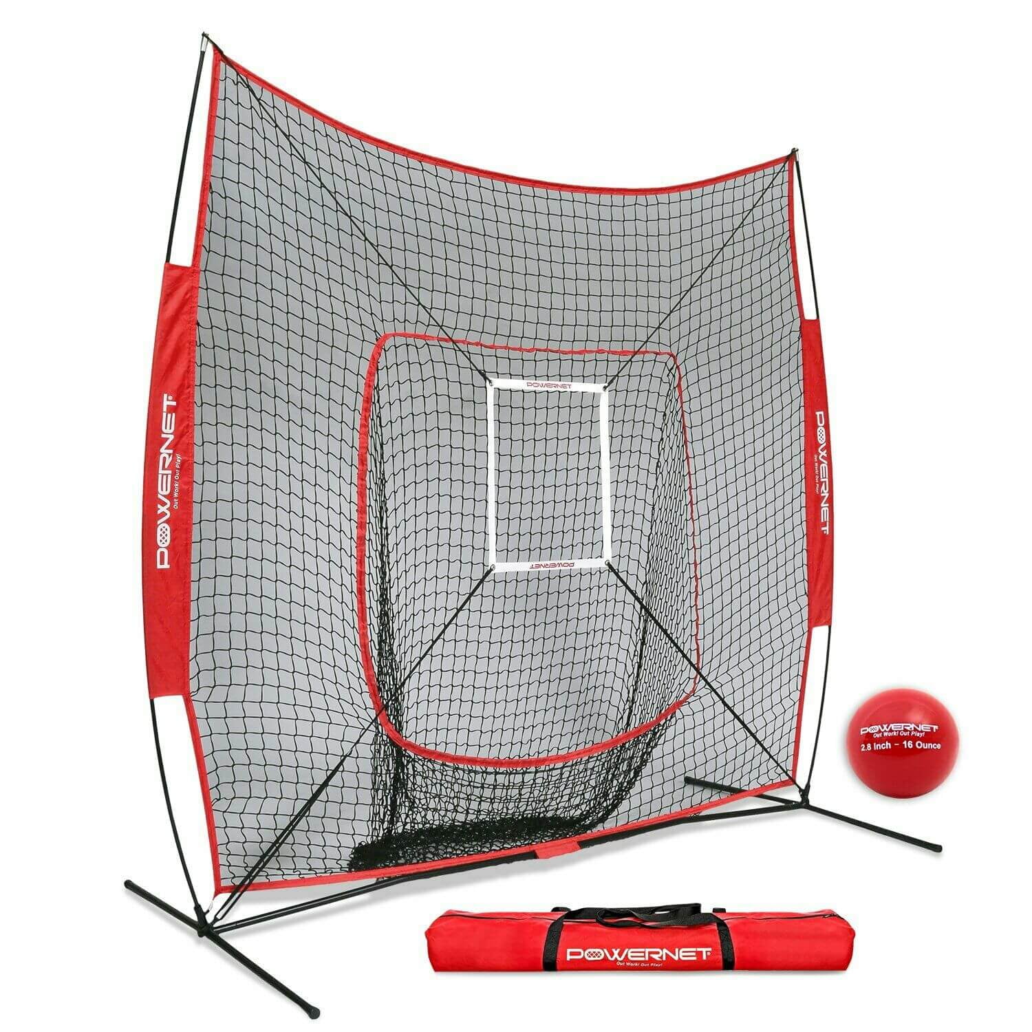 PowerNet DLX 7x7 Baseball Softball Hitting Net + Weighted Heavy Ball + Strike Zone Attachment + Carry Bag