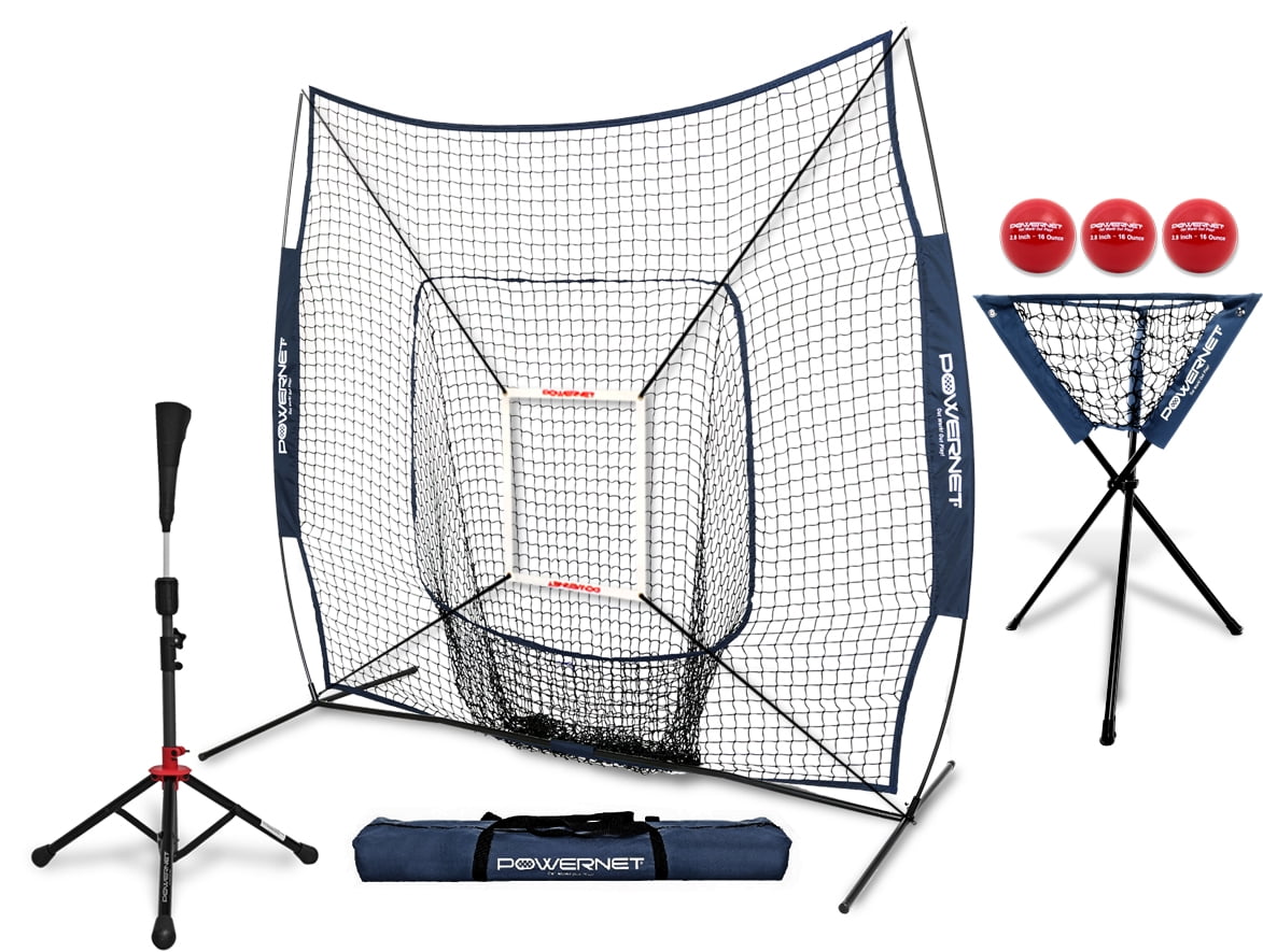 PowerNet DLX Pro Bundle (Baseball Softball Net w/ Strike Zone, 3 Training Balls, Travel Tee & Ball Caddy)